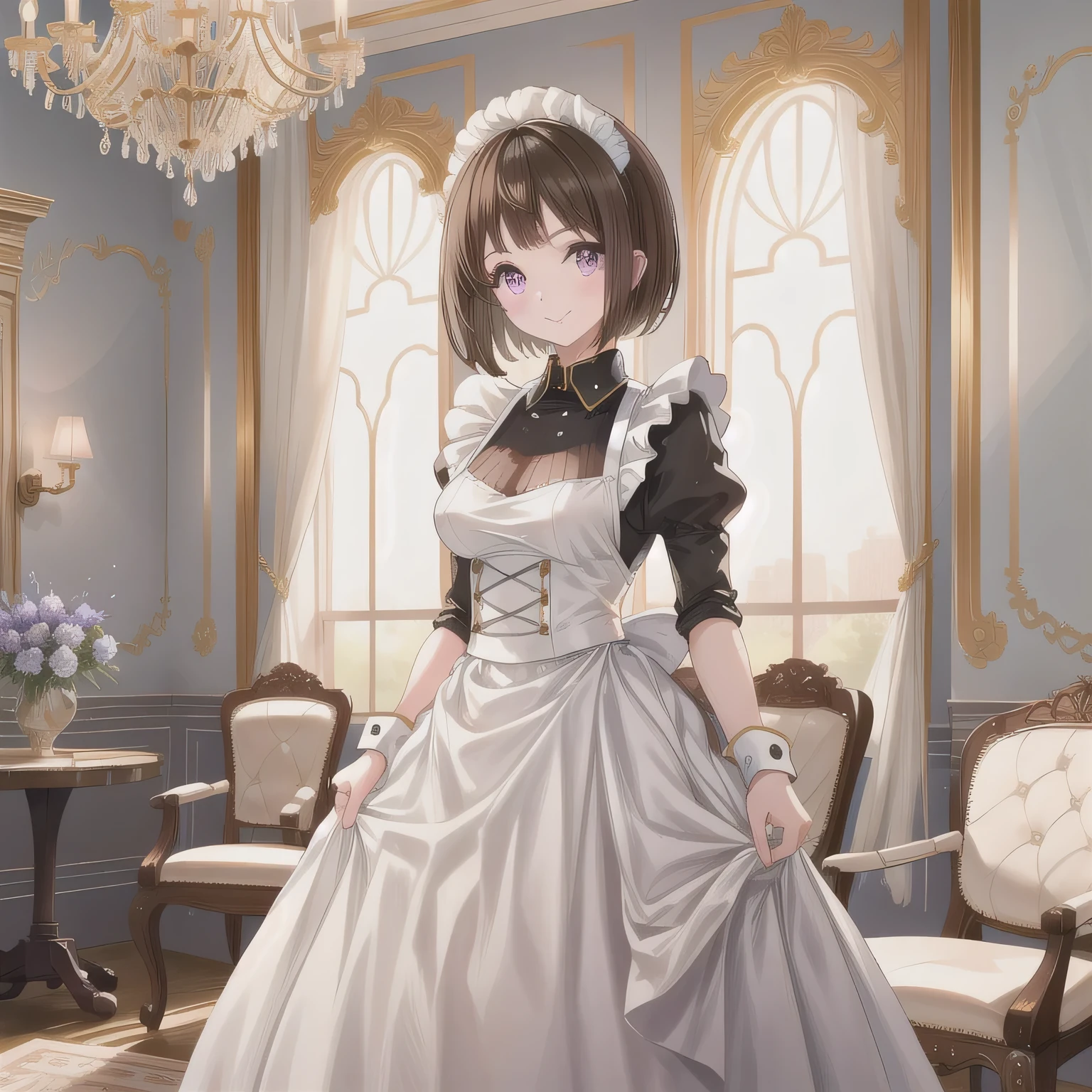 A breathtakingly beautiful 20-year-old woman stands in an opulent mansion room, dressed in a classic black-and-white maid outfit with a short hem and a white brim cap. Her confident smile radiates warmth. The room features elegant furnishings and decor befitting a grand estate, bathed in soft, natural lighting that enhances the sophisticated ambiance. Brown hair, short hair, purple eyes.