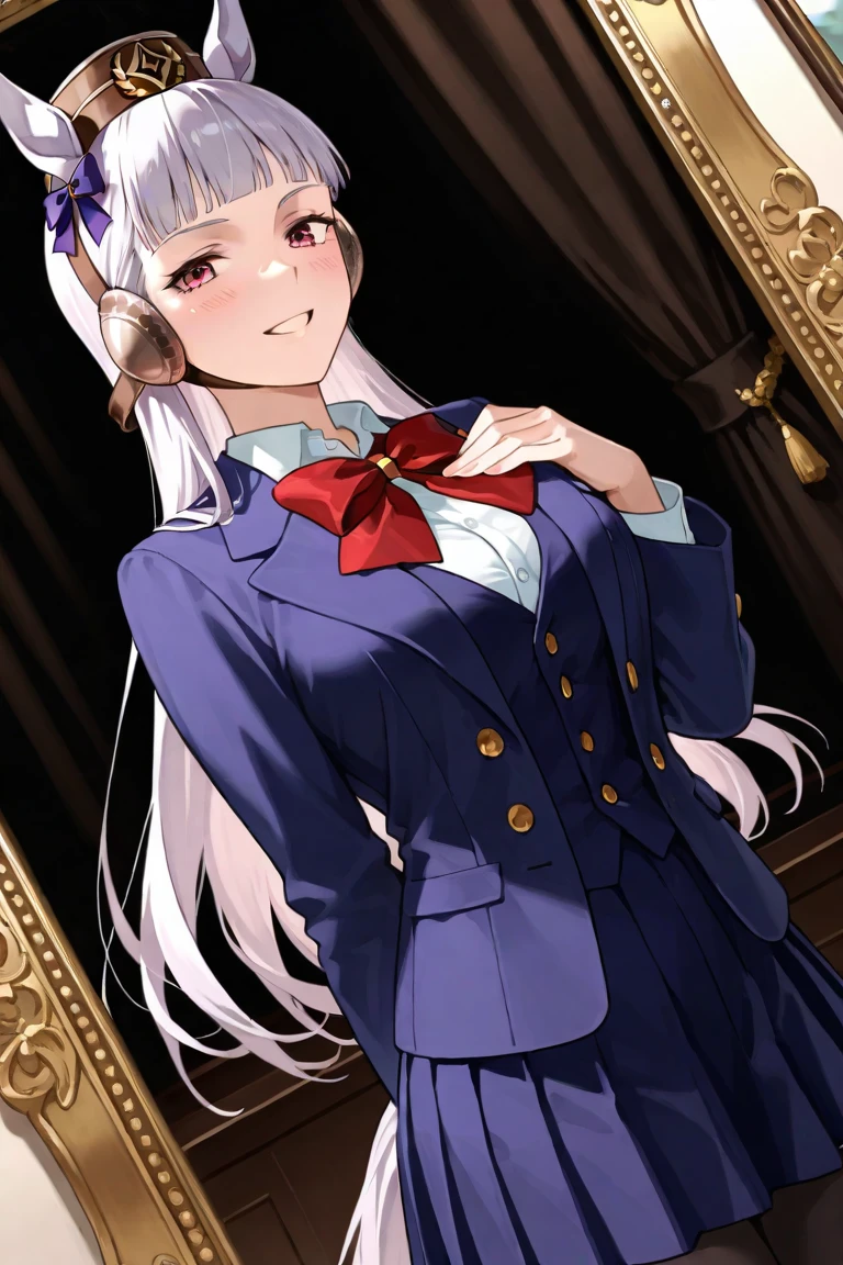Beautiful illustration、top-quality、Cute s、Bedroom、Purple colored hair、long whitr hair、(((Black pleated skirt)))、(((White hand suit)))、short- sleeved、a navel、eBlue eyes、on top of the bed、Lovely thighs、glowing thigh