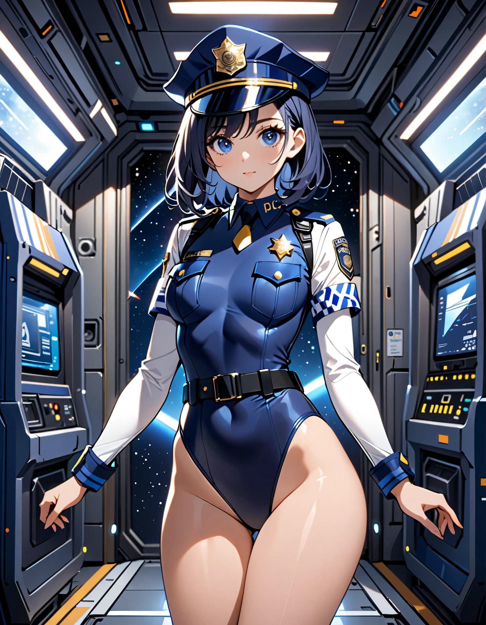 (masterpiece), (best quality), (high res),1girl, tall body, beautiful detailed eyes, beautiful detailed face, cute face, perfect hands, complete fingers, perfect anatomy, perfect proportions, ((hat, dark blue police hat)), ((leotard, matching leotard, bare legs)), ((boots, matching boots)), breasts, medium breasts, fingerless gloves, (full body portrait), looking at viewer, solo, solo focus, standing, police uniform, cowboy shot, space station backdrop, indoors, (belt, tight belt), (armbands, white sleeves), full body costume design.