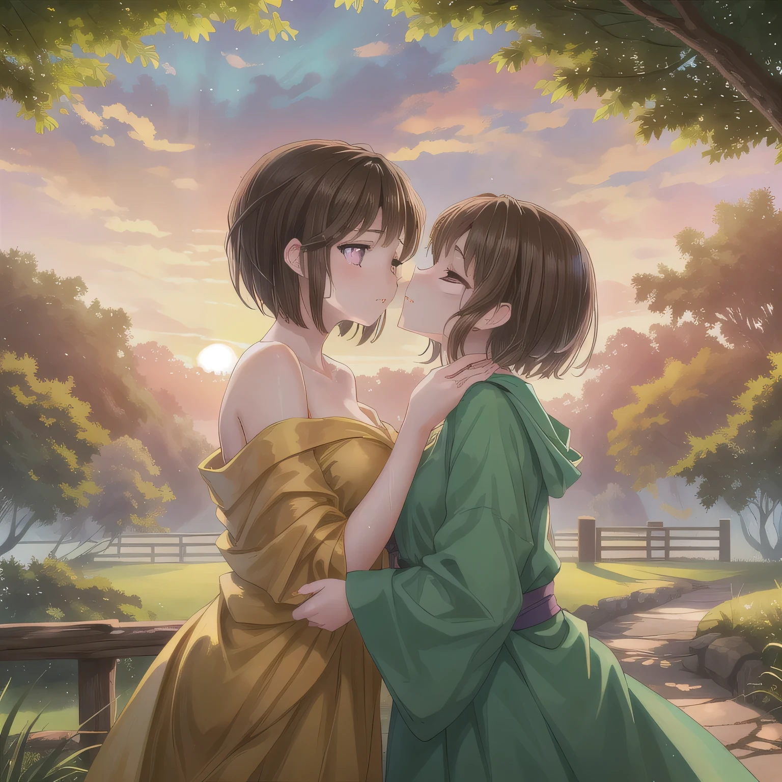 A breathtakingly beautiful 20-year-old woman stands in a lush green park at sunset, bathed in the warm golden light of the evening sun. Facing forward, her eyes gently closed, cheeks slightly flushed, and her face tilted upward as if anticipating a kiss, she embodies serenity and romance. The soft hues of the sunset complement the tranquil surroundings, enriching the dreamy atmosphere. Brown hair, short hair, purple eyes.