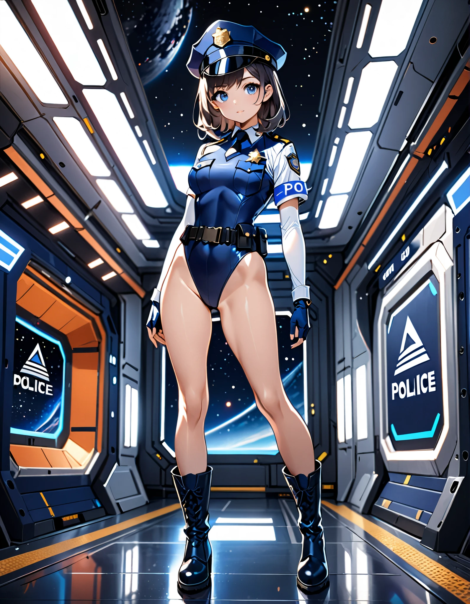 (masterpiece), (best quality), (high res),1girl, tall body, beautiful detailed eyes, beautiful detailed face, cute face, perfect hands, complete fingers, perfect anatomy, perfect proportions, ((hat, dark blue police hat)), ((leotard, matching leotard, bare legs)), ((boots, matching boots)), breasts, medium breasts, fingerless gloves, (full body portrait), looking at viewer, solo, solo focus, standing, police uniform, cowboy shot, space station backdrop, indoors, (belt, tight belt), (armbands, white sleeves), full body costume design.