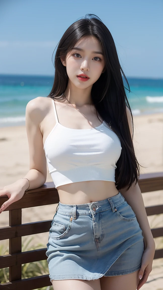 Balcony by the sea,goddes,White complexion,White men's shirt,Smooth black stockings,Loose-fit denim shorts,full bodyesbian,Larger chest,Slim figure,Real Human,The beautiful,,Provocative action,mischievous expression,Sit cross-legged on the bed