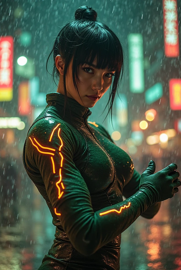 (8k, RAW photo, best quality, masterpiece:1.2), (realistic, photo-realistic:1.37),    narrow waist,   looking at viewer,  physically-based rendering, [light smile:1.3], extremely detailed,  top of the building,  clear background,
outdoor, dark night, raining,
blue dress,