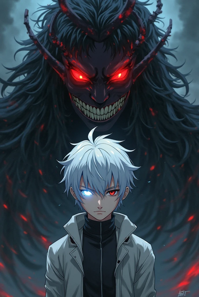Anime humanoid monster, character design,wearing a futuristic mouth mask, serious face,boy,maniac,deranged look,messy unkept hair,hair covering right eye, vibrant eye color,red and blue eyes,(white hair), close up shot, creating a crack in reality, powerful aura, destroyed city, very dark,night,8k,64k, HD, unparalleled masterpiece, dynamic lighting, cinematic, epic Highest quality digital art, Stunning art, wallpaper 4k