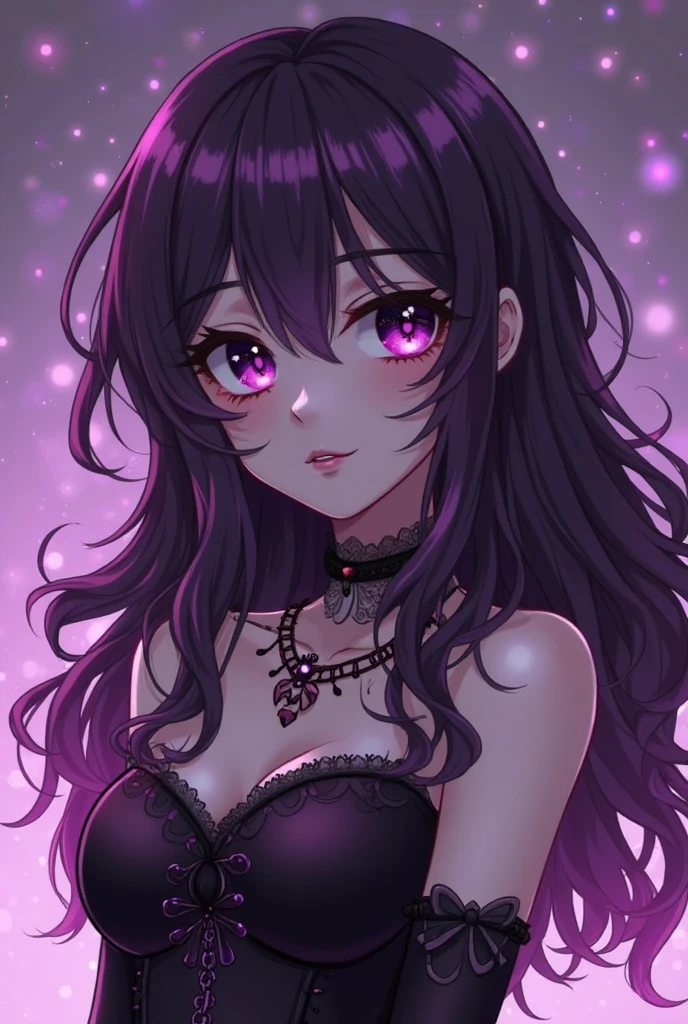 Long black hair with half-twins, slanted eyes, purple eyes, tsundere-ish, cute black clothes with frills, mature-looking, average chest