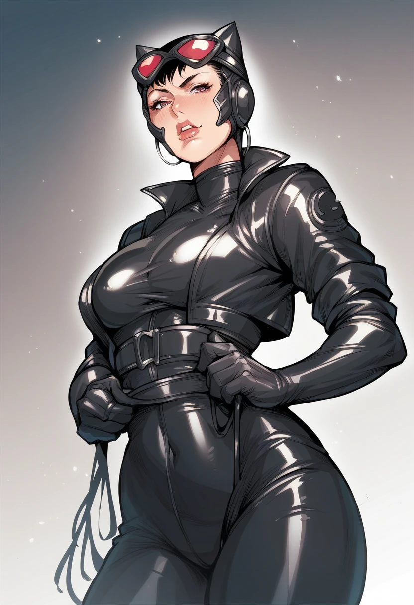 pale skin solo 1 girl yellow snake eyes angry bald no hair huge breasts, exposed breasts, tits out! bodybuilder dark atmosphere black lipstick unzipped dark atmosphere black lipstick dark atmosphere, looking_For_Trouble