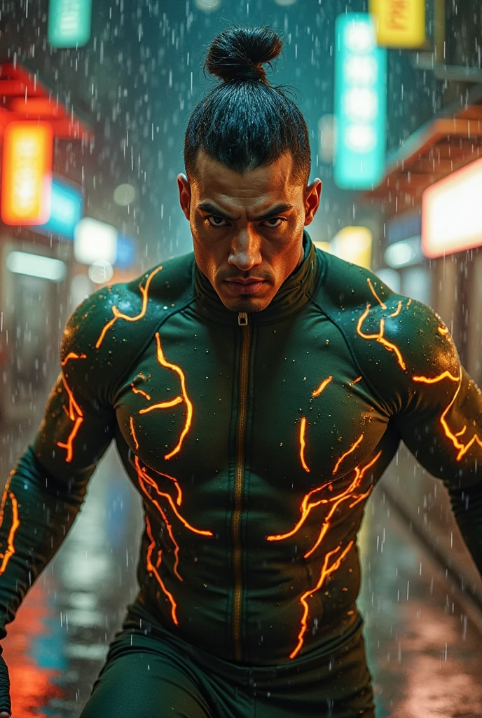 One man Green Hair Asia Japanese Freckles on cheeks Perm Round face muscle質の体 On nudity muscle Red Belt White Gloves
Raise your hands Guts pose Strong Strong background Destroyed city thunderstorm Green electricity