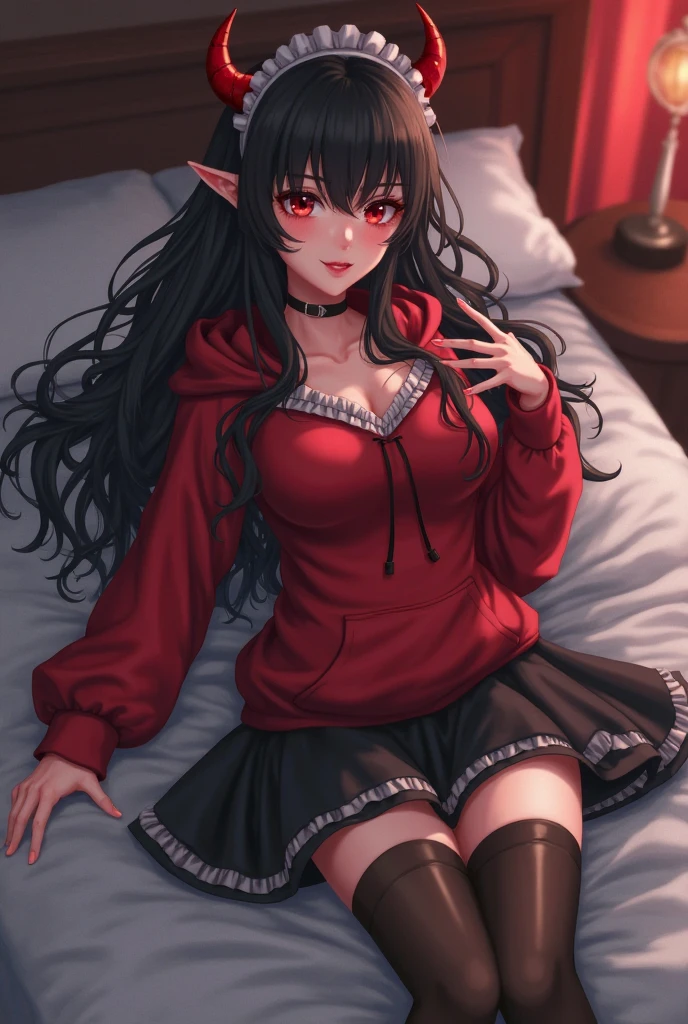 top-quality、masterpiece、Yolfaujer、Japan Anime A dark-haired、Longhaire、White headband sharp eye、big eye、small mouth、Beautiful skin、Adult face off-shoulder knit、Red knitted dress、Gold Earrings、Black tights 30-years old、large full breasts、skinny body Adult Pose Background with、window