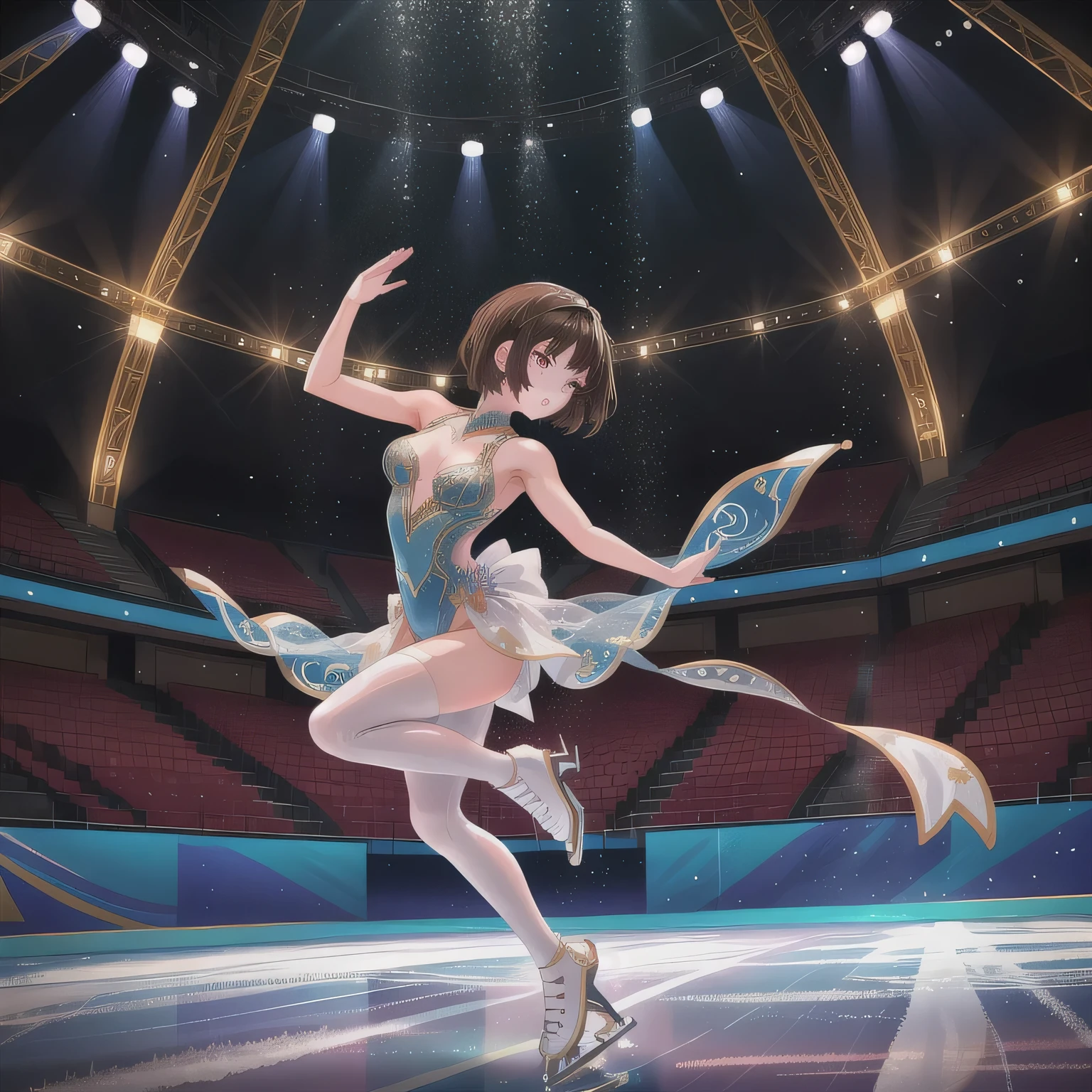 Standing with one leg raised high、No panties、 genitals are showing through、Glossy pure white rhythmic gymnastics leotard、sexy  pose、no-bra、huge tit、Shiny black long hair、Shameful、Rhythmic gymnastics arena