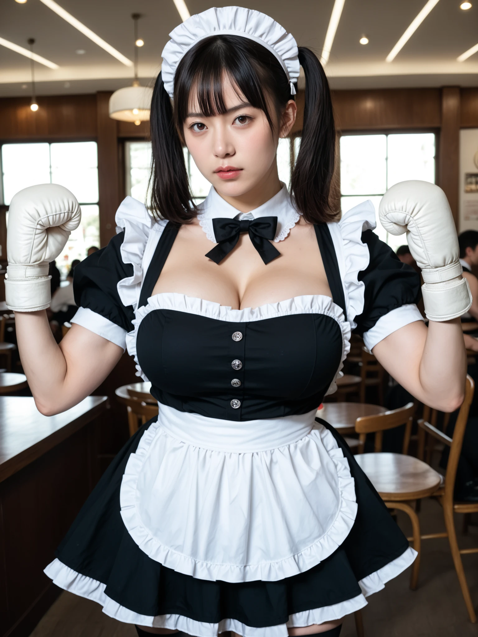 score_9, score_8_up, score_7_up, rating_safe, source_photo, realistic eye, realistic, photorealistic, Photograph, ultra photo-realistic, 8k uhd, highres, extremely detailed, cinematic lighting, masterpiece, best quality, ultra high res,(photo realistic:1.4), beautiful woman, japanese ager, maid, black hair, blunt bangs, wavy twin tails, Serious expression, Fight with customers,(punch),boxing,Short skirts, maid dress,short sleeves, mini skirt, black black thighhighs, White boxing gloves ,gigantic breasts, plump, curved, cafe, Customers and maids having fun in the background
