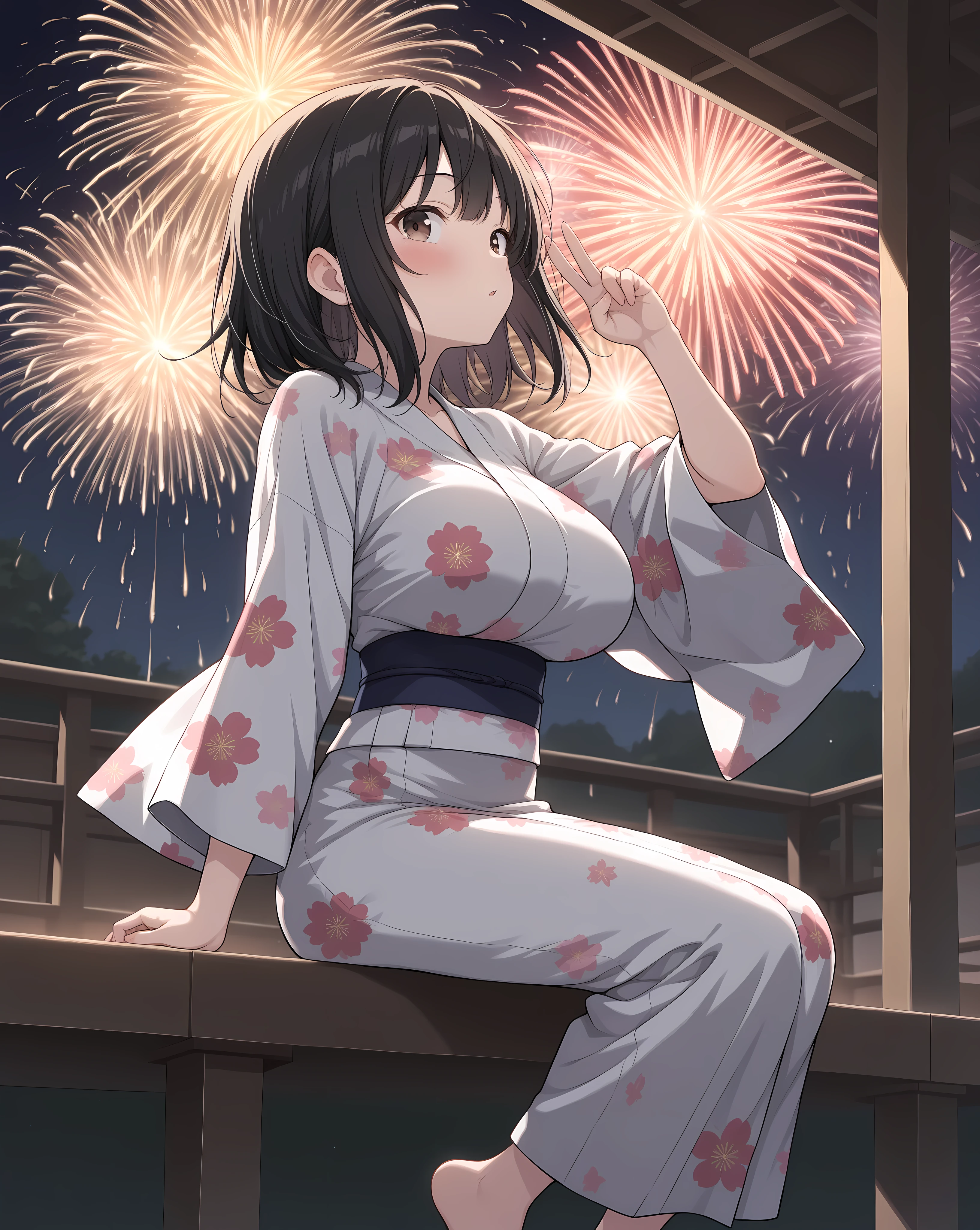 alone, One girl、Crown braids in the same color as your hair, hair ornaments, Hair Ribbon,(A light blue kimono with a red floral pattern and a red obi.)、Red Eyes、Black Hair、(blush:1.4)、(Surprised smile:1.6)、Larger breasts、(Watching the fireworks)