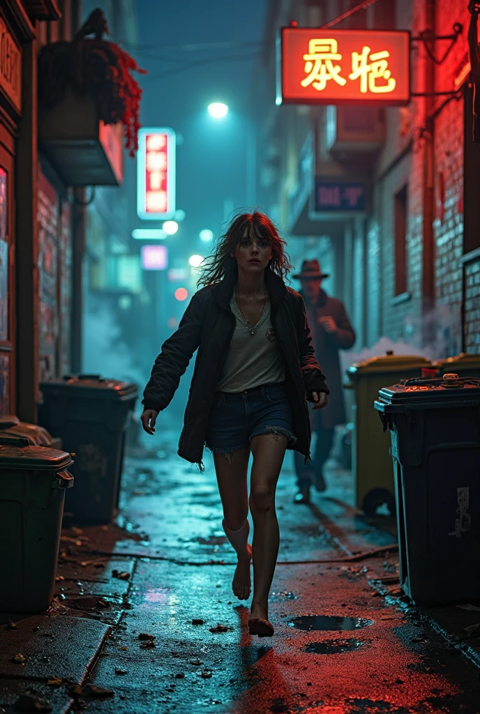 A movie poster featuring a 20-year-old woman in a red hoodie and a gray T-shirt with a pocket, hiding beside a car with a frightened expression as zombies walk past. The setting is Bangkok, with dead bodies scattered on the streets.