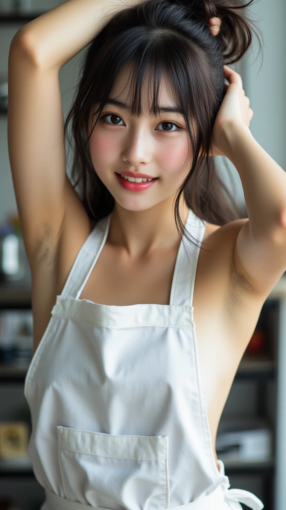Lots of details, (Narrow waist), 30 years old, Detailed black hair, Beautiful detailed hair, So beautiful, Intricate details、Beautiful and delicate eyes, Perfect hands, (small breasts Highest quality), Perfect and delicate limbs, Detailed skin, Highest quality, Very detailed,(Bright smile:1.5), Full Body Shot, shy, Put your hands on your head, Looking down, Twin tails, Naked Apron, In the kitchen, Retro, Front view, (From below:1.2)