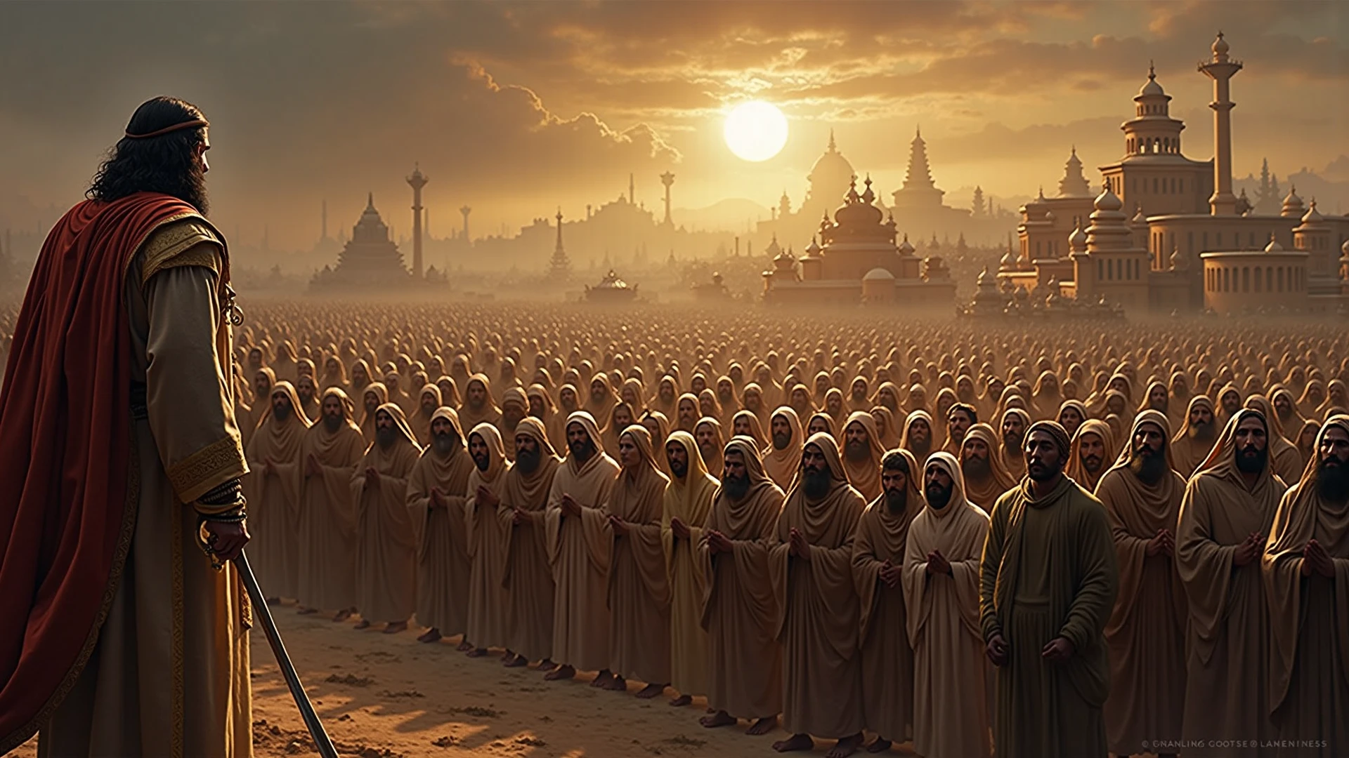 Create a photorealistic image of an Ethiopian classic Orthodox church with seven doms built on Mars ,large number of prayers wearing white cottonn clothes, the prayers stay on air only,the scene like dune film,dust storm, green,yellow and red fabric hanging over the prayers waving,add Ethiopian flag strip on their cloth.