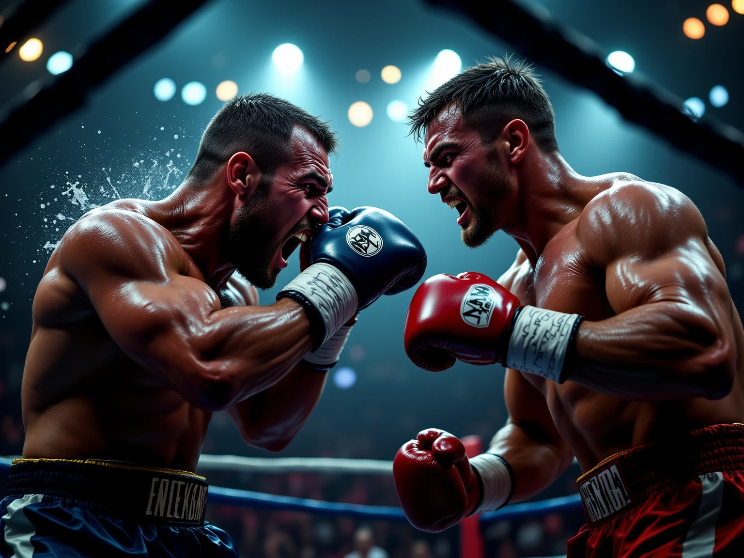 boxers in the middle of a very close fight one receives an uppercut from the other, They are both hairy and muscular, They wear huge white boxing gloves, wallpaper