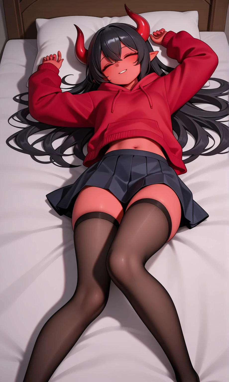 score_9, score_8_up, score_7_up, source_anime,1girl, , cute, beautiful,young, Large four poster bed, bedroom,maroon silk sheets,a window with a night sky view, at night, nervous, nsfw, from above, , hi-res, 8k, rin tohsaka, {aqua eyes, black hair, hair ribbon, long hair, ribbon, sidelocks, two side up, parted bangs,, black skirt, black thighhighs, long sleeves, miniskirt, pleated skirt, red sweater, skirt, sweater, thighhighs, turtleneck, blush, panties, skirt lift