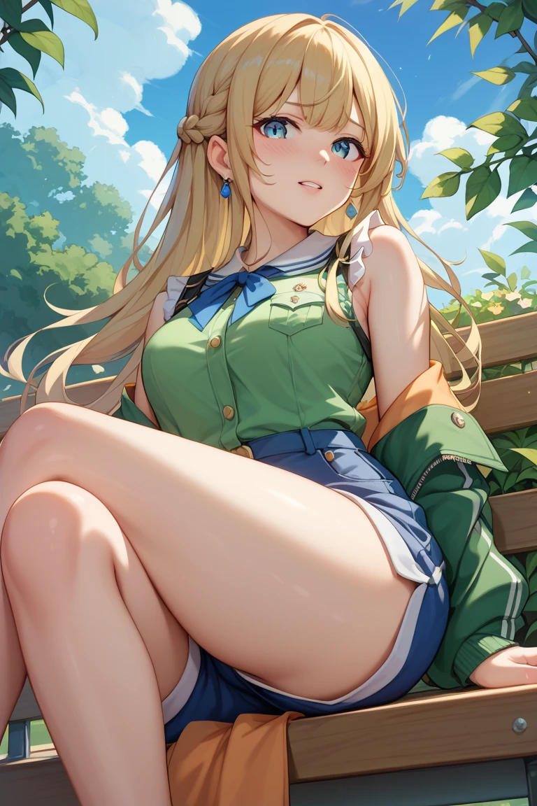 Uncensored, (High resolution:1.1), (absurderes:1.1), Best Quality, Ultra high definition, The highest resolution, Very detailed, Anime, 1girl in, anmi, Cute Girl, Military uniform, Mini skirt, white panty, pantyshot, Lying down, Manli crossed his legs, Spread legs, plein air, Ass