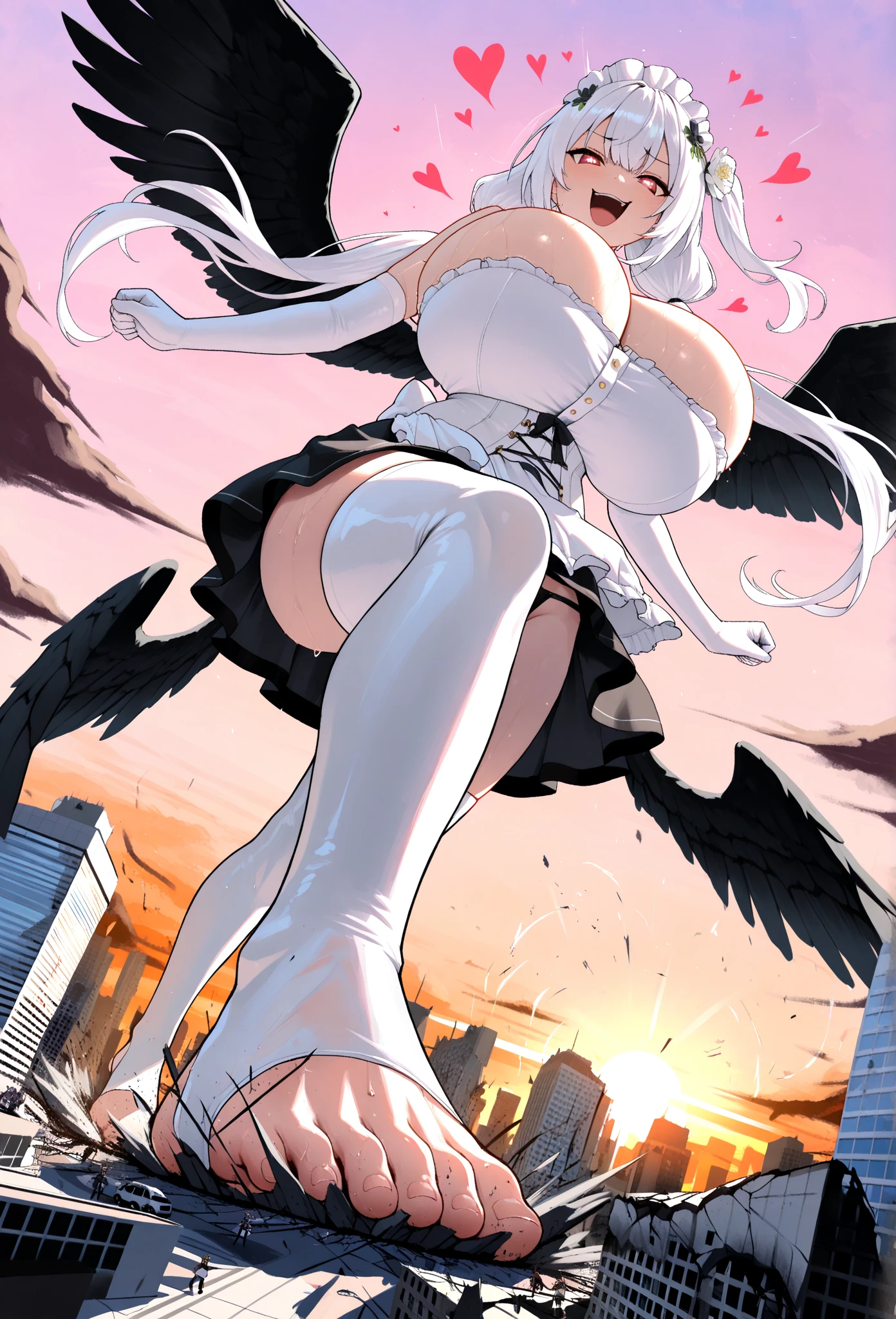1girl, magical girl, panties,skirtlift,((upskirt)),((pantyshot)),(white panty),((Small panties)),(((black pantyhose))),white race panty, large breasts, thick thighs, blue hair, medium hair, air intakes, green eyes, white shirt, bare shoulders, blue bowtie, black corset, white gloves, elbow gloves, blue skirt, pleated skirt, white thighhighs, energy wings, white wings, humid, sweat, parted lips, blush, from below, looking ahead, motion blur, (fighting, jumping), full body, building, (gleaming skin), extremely detailed night city background,Are crying,Anguished expression、Embarrassed look,8k,Realistic、Anime illustration,CG