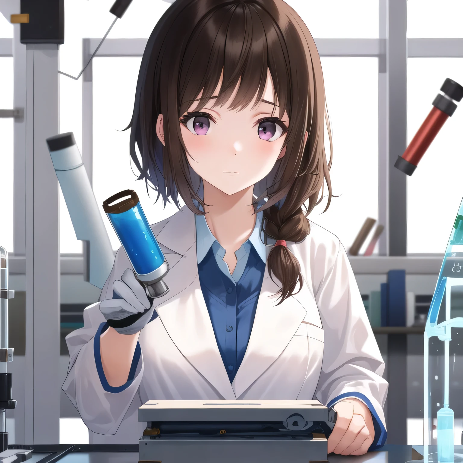 Depict a 20-year-old, stunningly beautiful woman conducting an experiment in a well-equipped science lab. She wears a pristine white lab coat over professional attire, her expression focused as she carefully handles scientific instruments. Whether her hair is long and neatly tied back or short and styled, she maintains a meticulous appearance suited for the lab environment. The background features shelves filled with scientific equipment, adding to the immersive atmosphere of the setting. Brown hair, short hair, purple eyes.