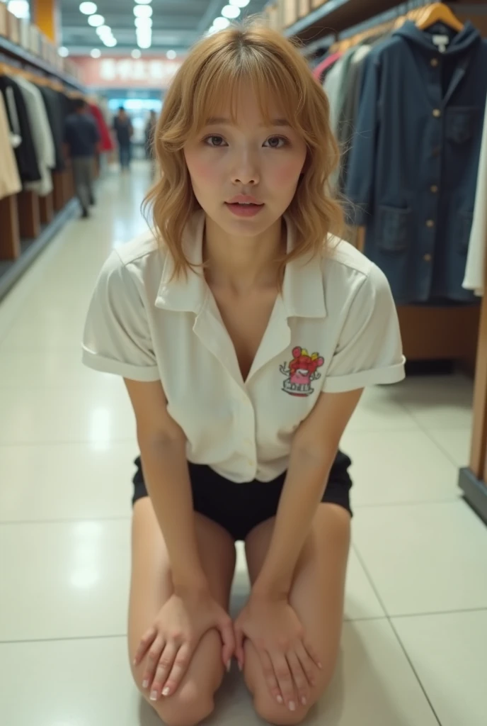 masterpiece, best quality, ultra quality, high quality, realistic, photo realistic,,natural lighting,(cinematic lighting:1.4),RAW photo, hyper detailed, intricate detailed, perfect anatomy, Fujifilm XT3, BREAK 1girl,Japanese,(slender abs:1.3),large hip,(camel toe:1.2),( blonde semi-long  straight hair over one eye:1.2), (leaning forward:1.2),(smile.3),(blushing:1.3),teary eyes,(light gray sweat pants:1.3), BREAK (downblouse:1.3), BREAK (light gray hoodie:1.3),(breast focus), (looking at the floor),( looking to the side),( looking at another:1.4), BREAK (in super market:1.5),(indoor),( stacking supermarket shelves), (mideum shot), ,from front, standing,Nipslip,(realistic beautiful nipples:1.3),(down hood:1.3),(no bra),