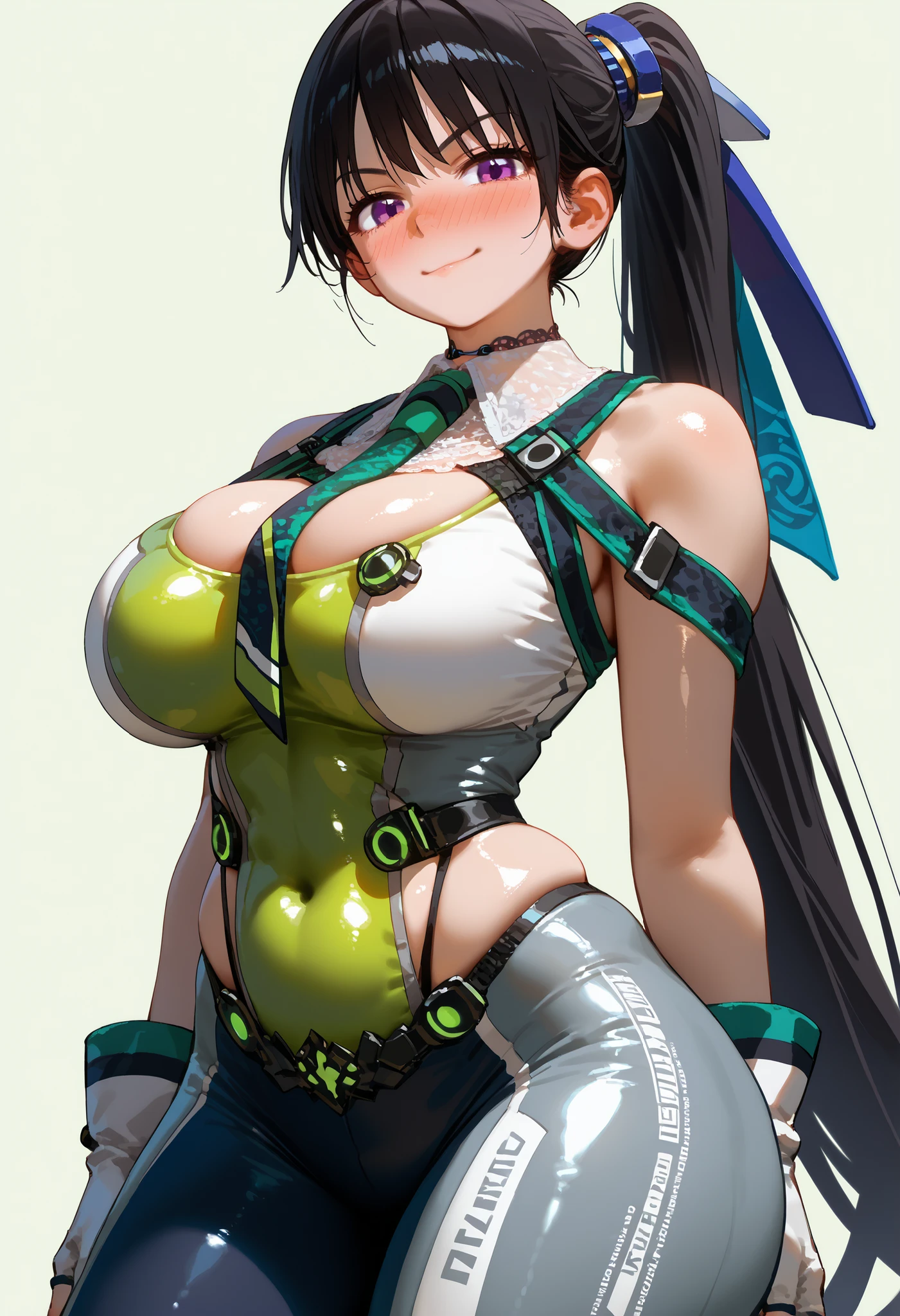 score_9, score_8_up, score_7_up, score_6_up, source_anime, 1girl, solo, defEve, black hair, long ponytail, necktie,, bare shoulders,, fingerless gloves, white gloves, thick thighs,, looking at you, looking at viewer, cowboy shot, white background, dynamic pose, smile, looking at viewer, solo,, cowboy shot, large breasts, COWBOY SHOT, nice legs, soft white background . High-resolution anime-style illustration, clean lines, smooth shading, and rich fabric details. , white background, dynamic pose,, opaque clothes, ,bubble breasts, seductive twist, exaggerated voluptuous figure with impossibly large and prominent chest, dramatically slim waist, curvaceous hips, silky smooth skin with a mystical amethyst glow,, hips steady and slightly pushed forward, back straight to focus entirely on the chest and lace details), ultra-sensual face with a bold, confident, and mischievous smirk, highly detailed, 4k ultra quality, anime ecchi style, empty white background, vibrant and rich colors, hyper-sensual and irresistibly enchanting mood, shizuku kousaka (na honjaman level up), Anime screencap,solo focus, looking at viewer, shiny skin, shiny hair, shiny body, clear body, nose blush, BREAST FOCUS, POSING, CLEAVAGE, DYNAMIC POSE, NICE LEGS, COWBOY SHOT ,opaque clothes,, cowboy shot, NOSE BLUSH, wearing a tight white athletic tank top, arms crossed under her chest causing visible compression and bounce effect, black and white high-waisted workout shorts tightly hugging thick thighs and curvy hips, sporty and fit physique, glossy skin with highlights, clean white background, ultra-detailed anime art style