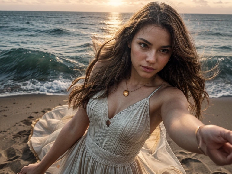 Close-up, an enchanting scene featuring a beautiful young woman strolling gracefully along a serene beach at dusk. The surroundings should be bathed in ethereal, golden light, casting long, dramatic shadows across the sand. Behind her on the beach, a weather-beaten wreck of a sailing ship should be visible, partially obscured by the soft haze of the fading daylight. The composition should capture the poignant contrast between the woman's delicate elegance and the rugged, haunting presence of the ship's remains. Emphasize the interplay of light and shadow to evoke a sense of mystery and enchantment, lending an otherworldly quality to the entire scene, a sense of awe, ultra-high res.photorealistic:.1.4, (high detailed skin:1.2), 8k uhd, dslr, high quality, film grain, Fujifilm XT3