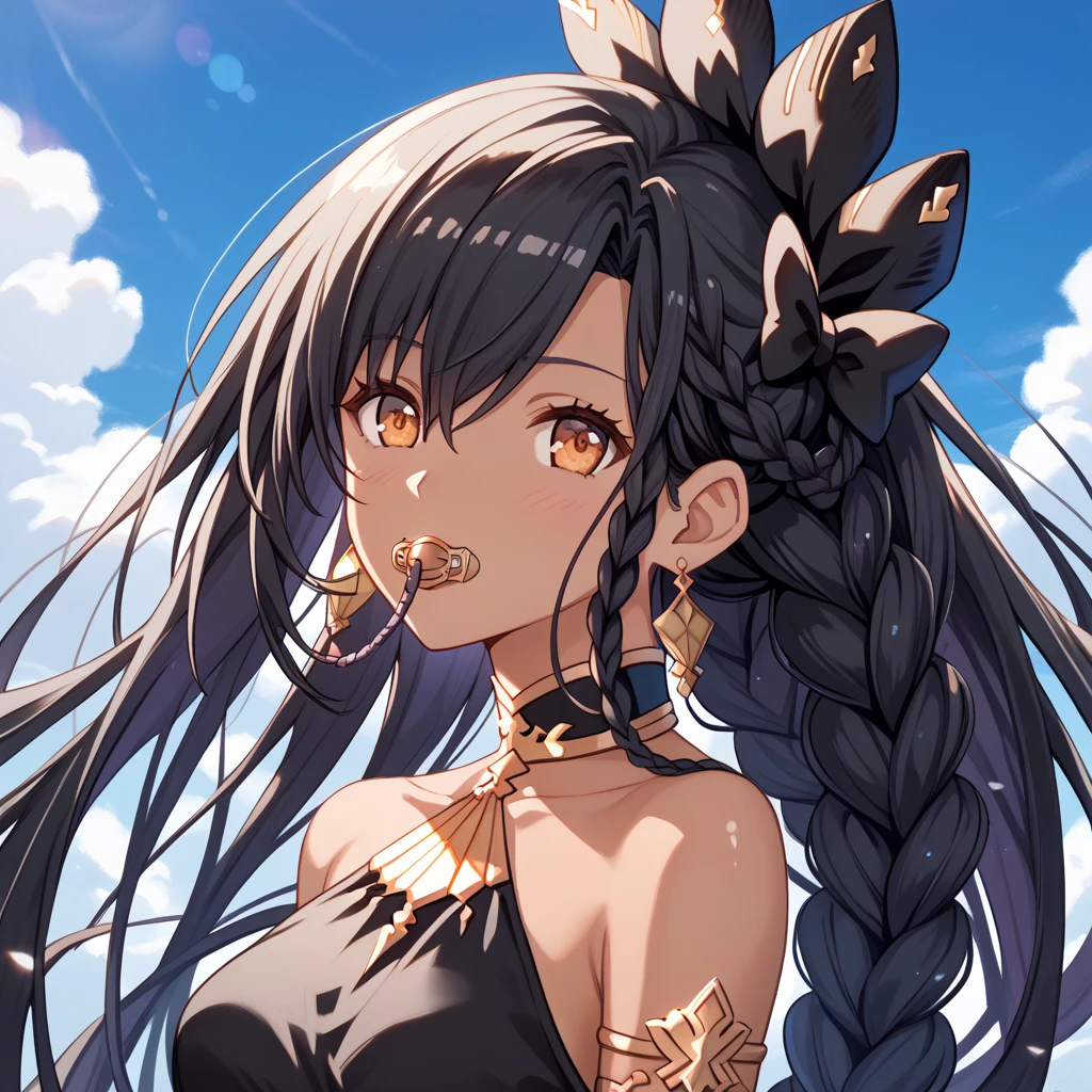 Masterpiece, best quality, beautiful girl, pretty face, Cleopatra, dark skin, ponytail, swimsuit,
