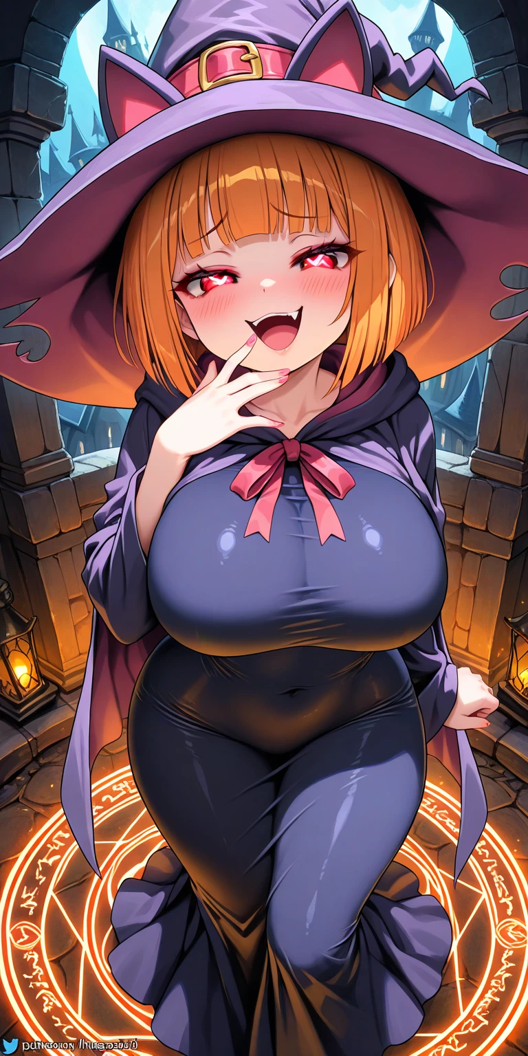Trading card of Redhead, witch, sexy pose, big breasts, sexy pink dress, short hair, pink witch hat