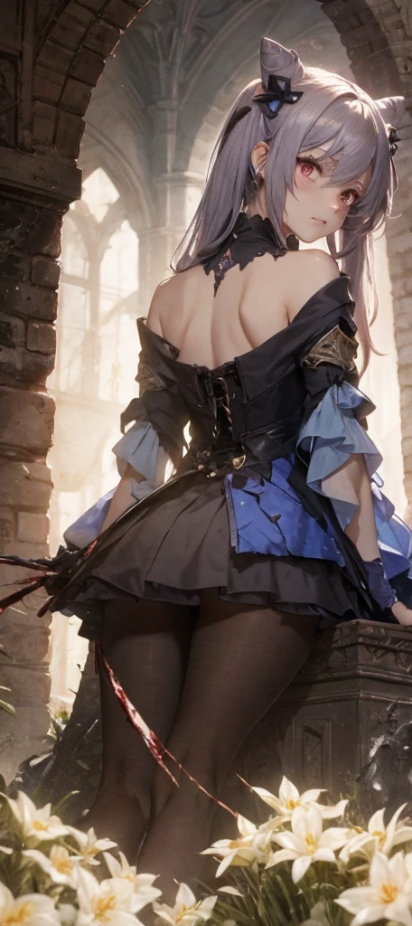 (1girl:1.3), (photorealistic:1.4), (masterpiece, top quality, best quality, official art), extreme detailed, highest detailed, (ultra-detailed), ((an extremely delicate and beautiful)), cinematic light, contemporary, 1girl, solo, long hair, pantyhose, red hair, bangs, high heels, white pantyhose, looking at viewer, bare shoulders, thighband pantyhose, black footwear, forehead mark, parted bangs, dress, ass, floating, yellow eyes, very long hair, sidelocks, breasts, full body, panties under pantyhose, facial mark, thighs, pointy ears, orange eyes, sitting, hair ornament