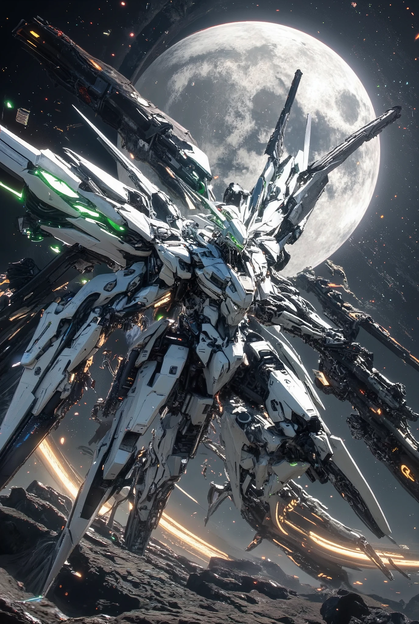 Freedom Gundam 、 Hyperrealism Art BJ _ Japanese Anime 、alone , green_eye , Aircraft color_ white ,青いMechaウイング , holding , weapons , holding_ gun , no _human , Shine , robot ,Mecha , flying , science_ fiction , Cinematic Light , strong contrast , high image quality , Highest Quality , masterpiece , photos , Extremely cute , fine texture , amazingly realistic 、Flying Sparks 、The barren and rocky, the sky is dominated by bright purple and blue, moon emphasizes the towering wingspan, その衝撃は大気を通して衝撃波とShine破片を送る,
viewing angle: Slightly lower frontal, along with the scene, Dignified Presence, along with a scene centered around the moon,
artistic style: Hyper-realistic 8k, combines the aesthetics of cyberpunk and space science fiction.