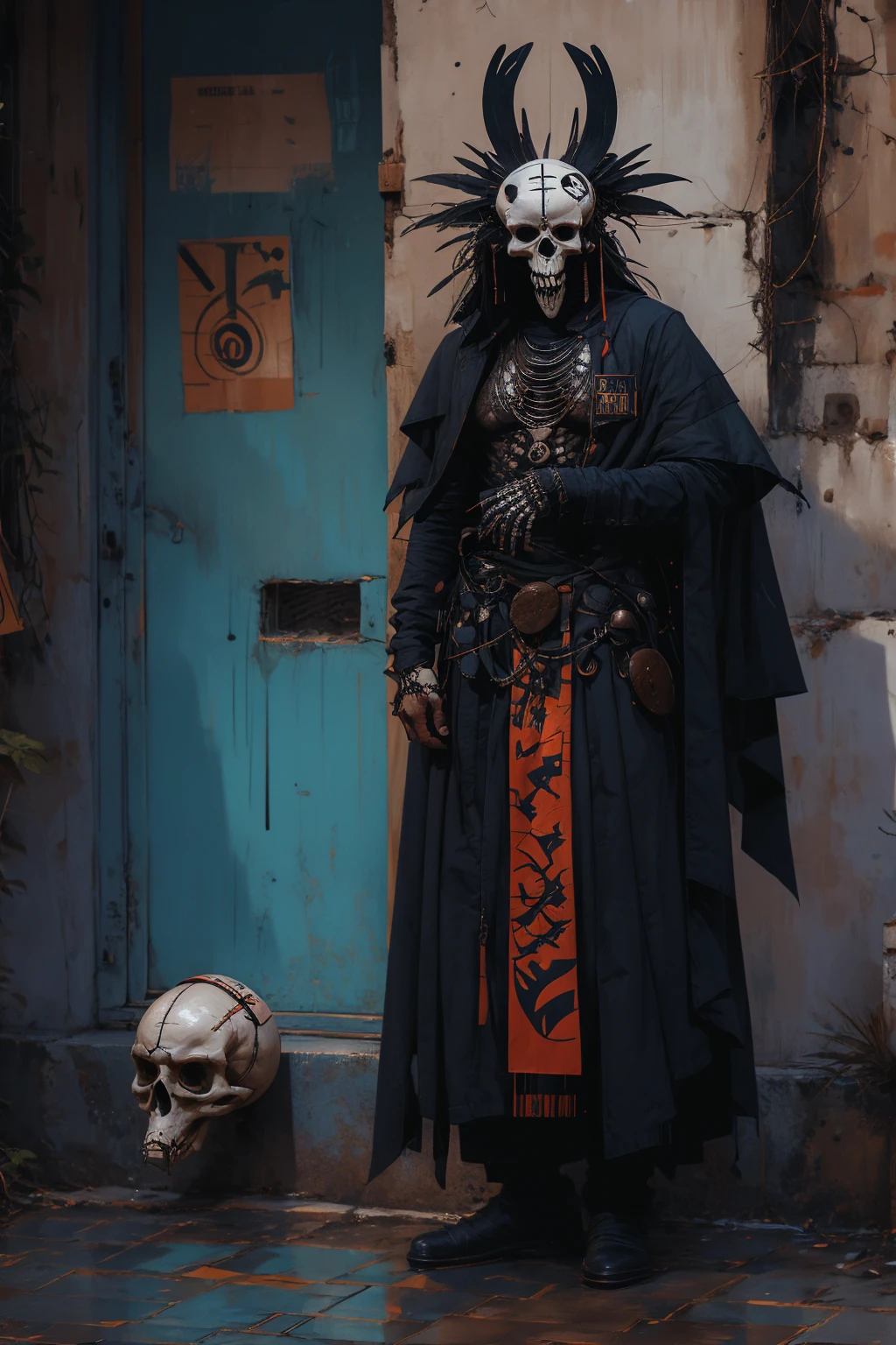 Arcangel dressed in medieval style with colors of Ecuador with skull mask emerging vicorous