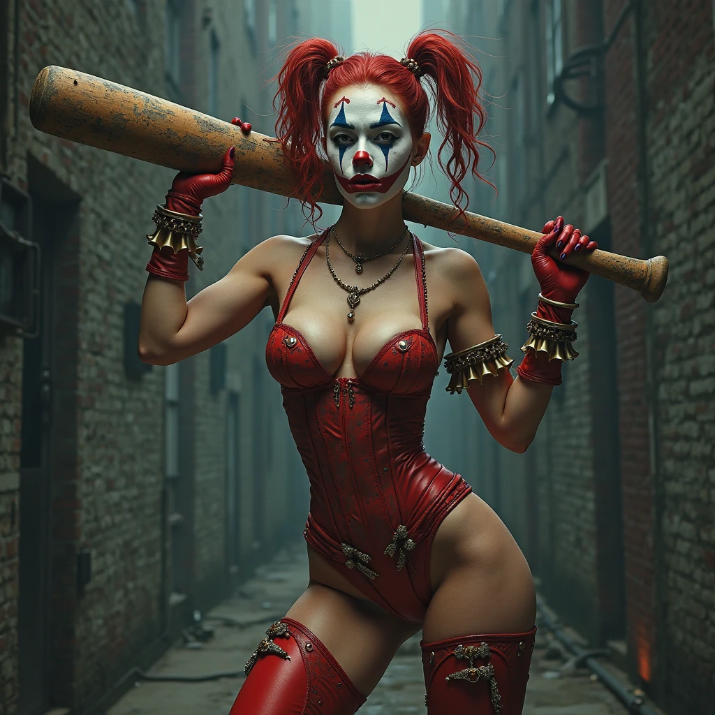 a female clown who has features of the Joker with unique makeup, purple hair, a scar on his face, a wider smile, looks scarier and has a red nose, nude, large breasts, tattooed, full body view. Skinny petite. In front of a wall with graffiti, sitting on the ground with legs spread, no clothes, with visible tan lines on the body