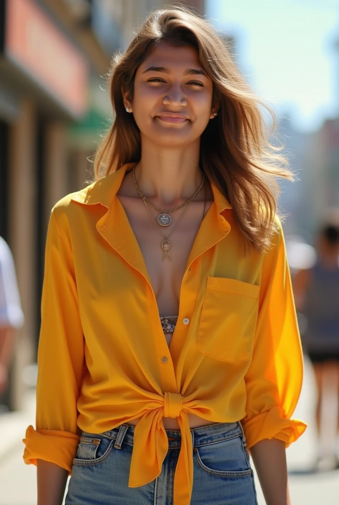 Shay Mitchell dressed in clothing made of corn kernels and smiling