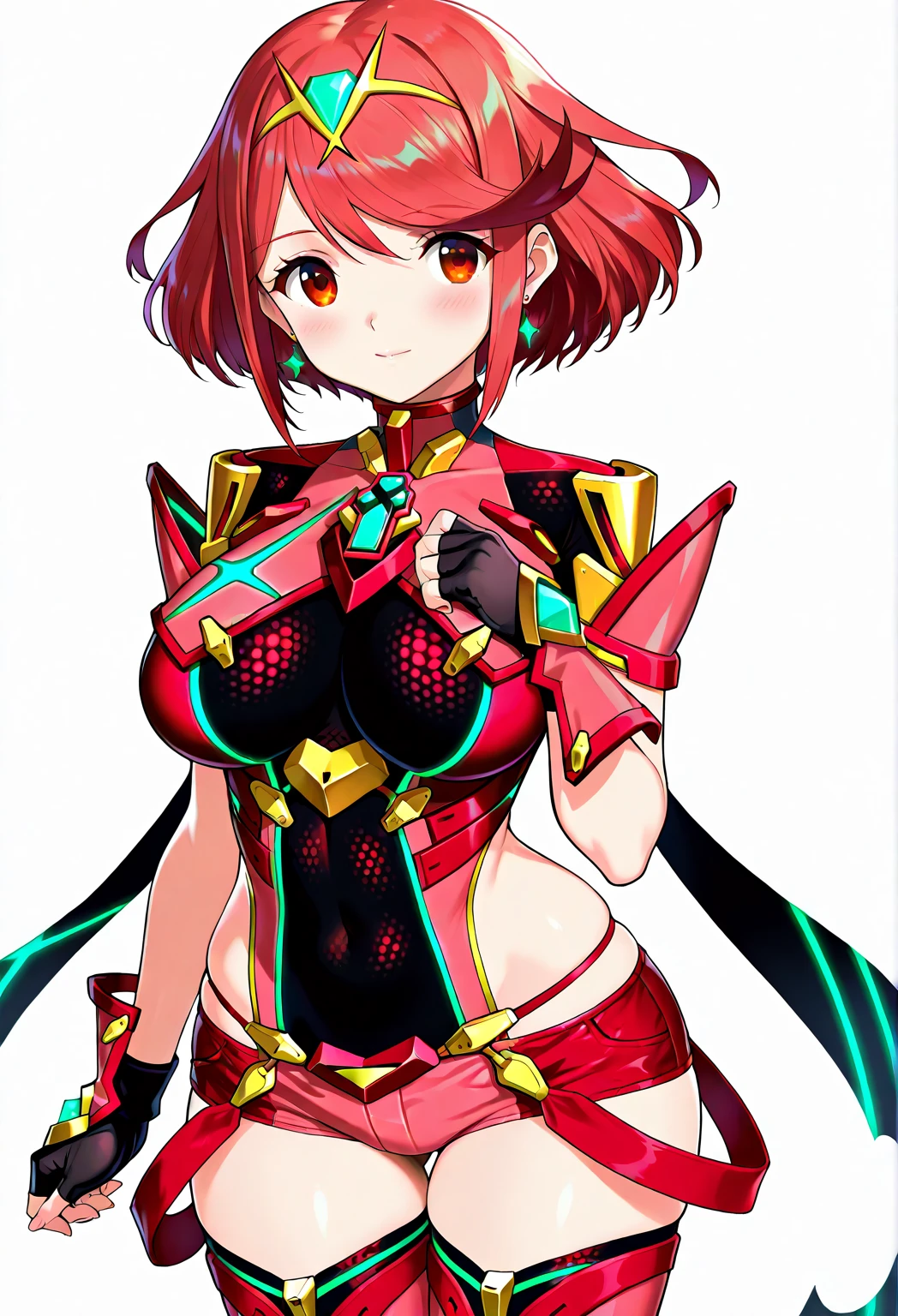 masterpiece,best quality,pyra,\(xenoblade\),xenoblade chronicles \(series\), (xenoblade chronicles 2),1girl, armor, bangs, black gloves, breasts, red eyes,earrings, eyelashes, fingerless gloves, floating hair, framed breasts, gem, gloves, hair ornament, headpiece, jewelry, huge breasts, leaning back, leotard, neon trim, official art, red hair, red shorts, saitou masatsugu, short hair, short shorts, short sleeves, shorts, sidelocks, skin tight, solo,swept bangs, thighhighs, tiara, turtleneck, underbust, vambraces,various pose, unity,8k wallpaper,