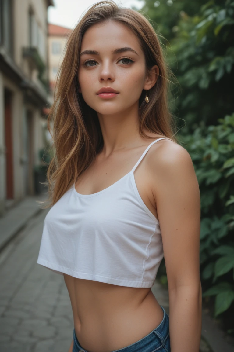 Photographing someone, Une fille de , sur 1,50 meters high, visage doux aux traits européens, visage innocent, Cheveux longs blonds clair, beautiful, with small breasts, with a nice rounded behind, portant une tenue sexy et un t-shirt classic crop top, to l&#39;Interior of the room , with the morning light streaming through the window. Keep the same face as previously generated. Adds a little more natural touch in general, et propose moi plusieurs variantes de tenues et positions
