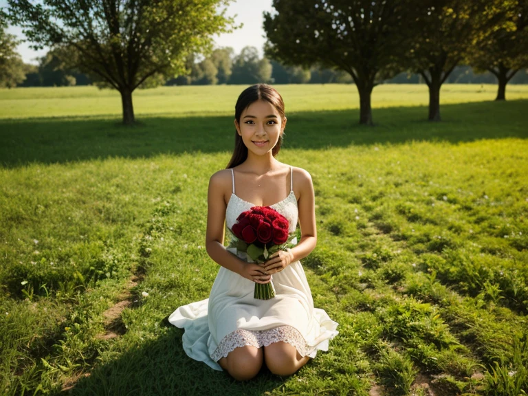A beautiful girl with a bouquet of scarlet roses is sitting on a bench in a sunny park.. She laughs uproariously.