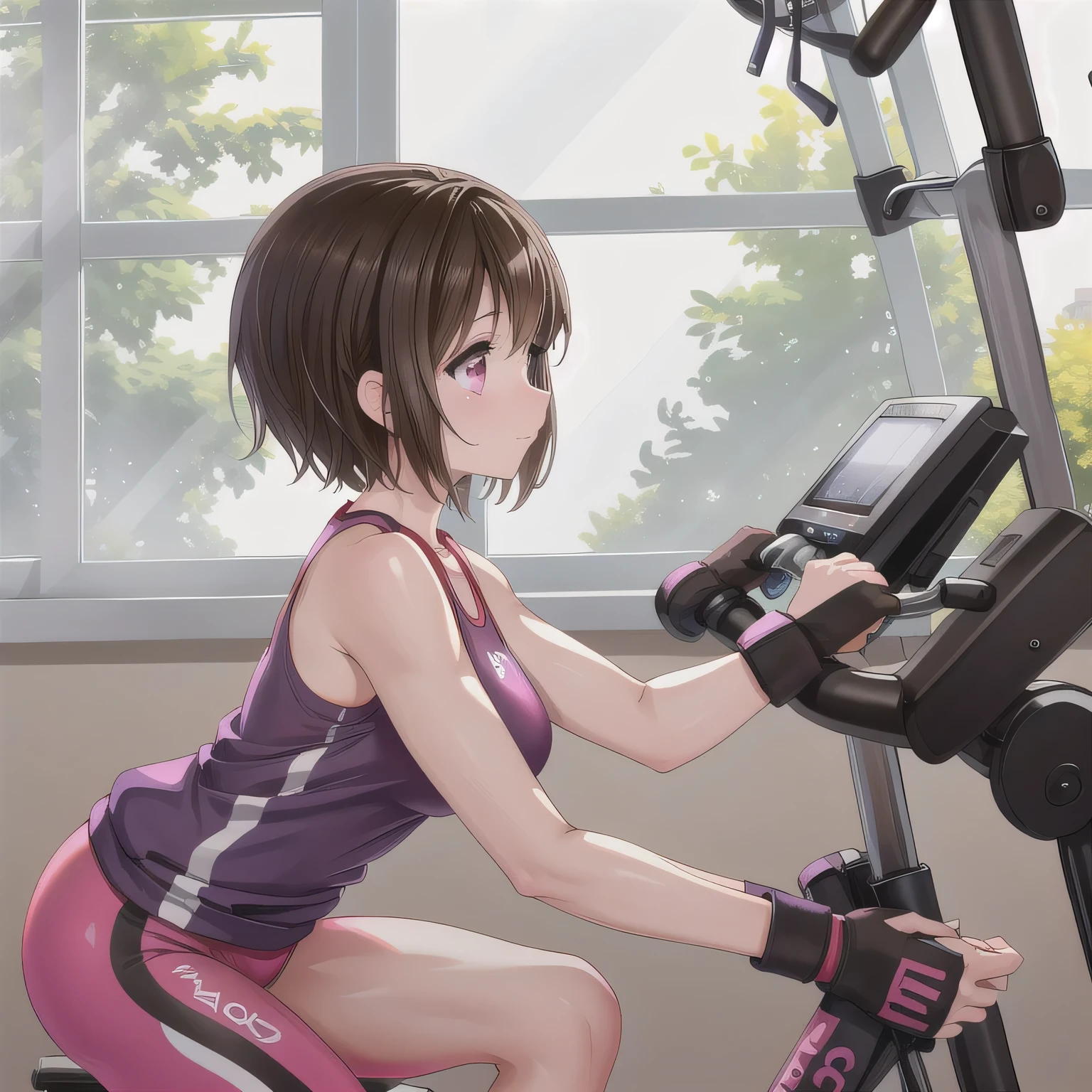 A fitness gym, a person training on a stationary bike, side view, bright morning sunlight through large windows. Brown hair, short hair, purple eyes.