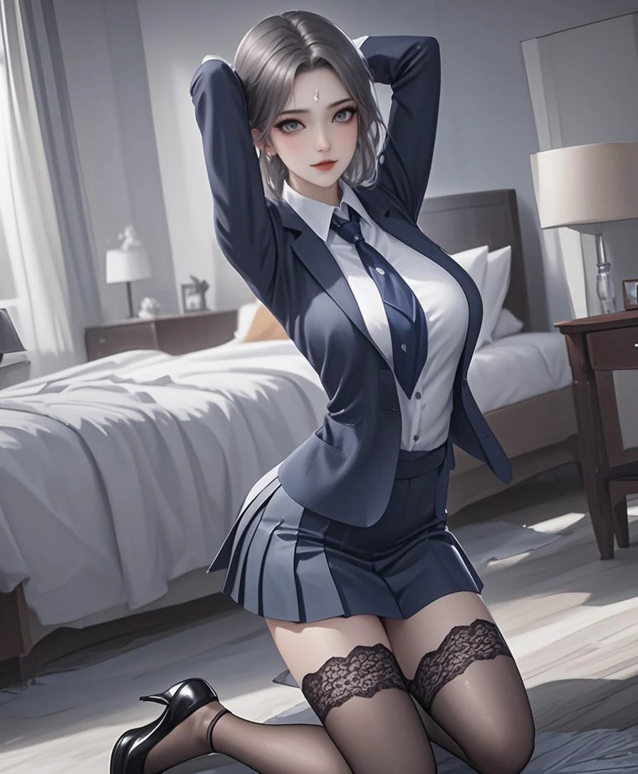 masterpiece, highest quality, high resolution, 1 girl, gray hair, short hair, blue eyes, medium breasts, OL, tie,(red underwear), pencil skirt, put your hands on your hips,Idol Master,anastasia，Knee-high boots，pants suit,((Sit on the bed,Bedroom,sexy))