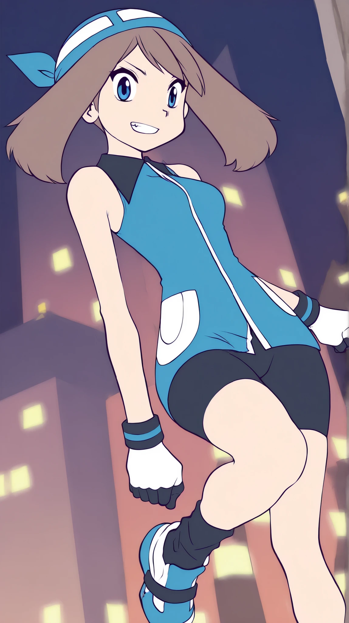 ((anime screenshot, anime coloring, )) SapphireBirchILXL, ((Highest Quality)), ((masterpiece)), ((details)), solo, 1girl, two legs, two arms, tall, anime coloring book, 1 female, 8, full body, slim figure, Brown hair color , twin tails, blue eyes, Big Breasts, A determined smile, teeth, high kick pose, adult older sister, blue bandana, Blue Sleeveless Tunic, Miwaki, black bike shorts, gloves, black socks, thighs, Beautiful legs, Blue shoes, blue earring, Watch Viewers, standing, City, May, (\Pokemon\), score_9, score_8_excellent, score_7_excellent, score_6_excellent, source_anime, aggressive monster, flat color, vector,