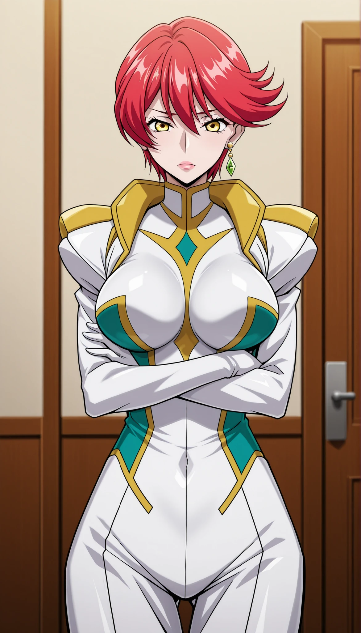 narah_pilotsuit,narah vaughn,1girl,solo,red hair, crossed arms,short hair,breasts ,yellow eyes,gloves,jewelry,earrings,lipstick,large breasts,mature female,MILF, standing , score_9, score_8_up, score_7_up, score_6_up, score_5_up, score_4_up , narah_pilotsuit,narah vaughn ,,,,,,,  raita style 