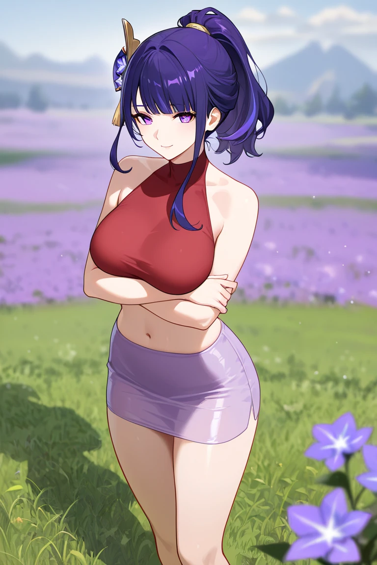 (best quality:1.1), (masterpiece:1.2), portrait,
1girl, yuzuriha_(jigokuraku), purple hair, brown eyes, ninja, open clothes, cleavage, small breasts, topknot, medium hair, breasts apart, white obi, smirk, outdoors, (blush:1.1), flowers,