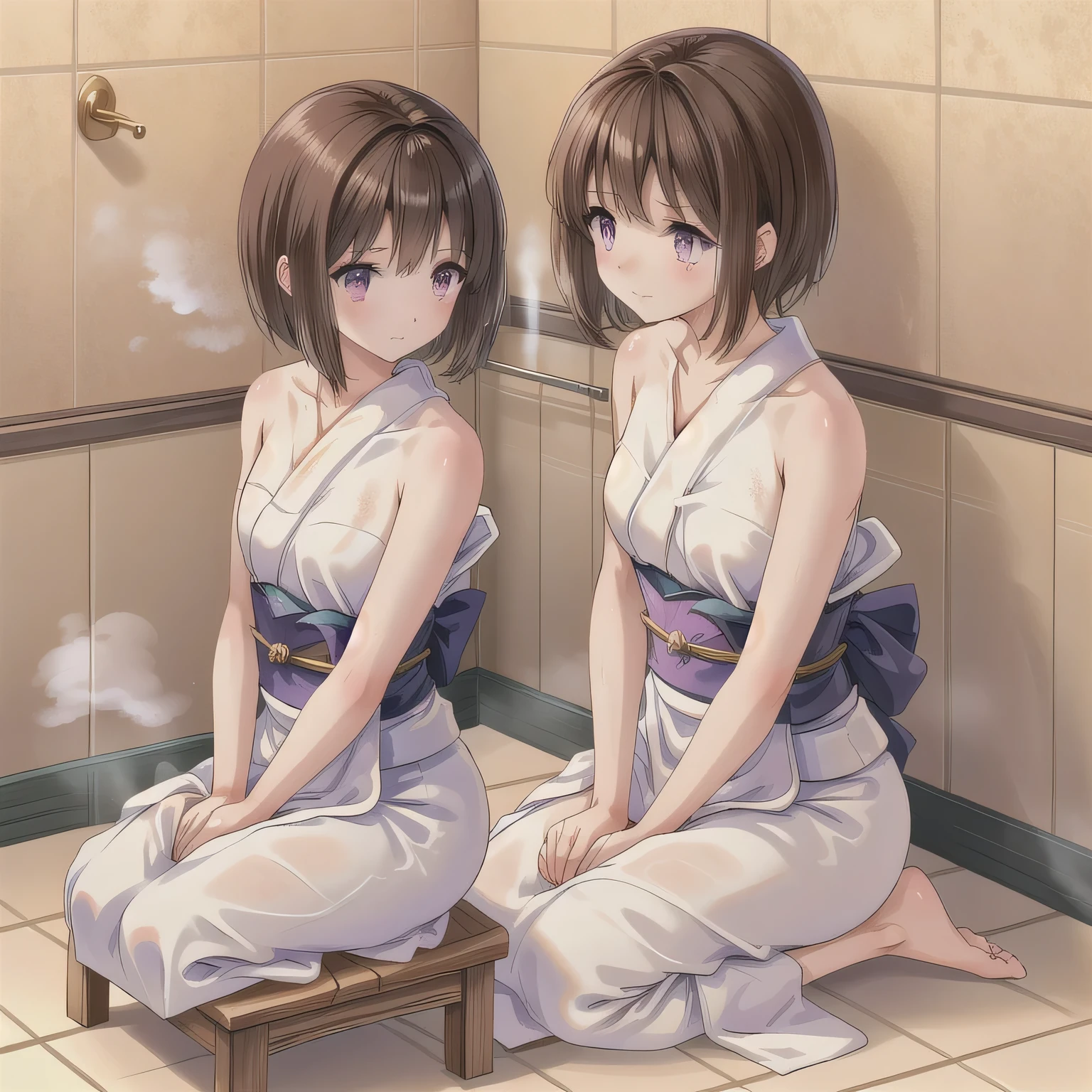 A beautiful woman in a A narrow, compact Japanese bathroom, with tiled walls, a small bathtub, and a wooden stool beside it. Steam fills the room., sitting in seiza style , politely waiting to greet someone.The character is wrapped in a towel around the body. Brown hair, short hair, purple eyes.
