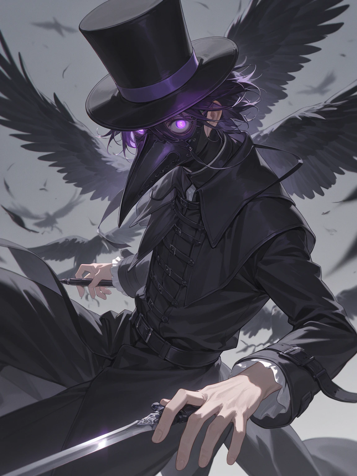 solo, handsome, 1 male, short hair, pink hair, purple eyes, black coat, black plague doctor mask, black gloves, black top hat