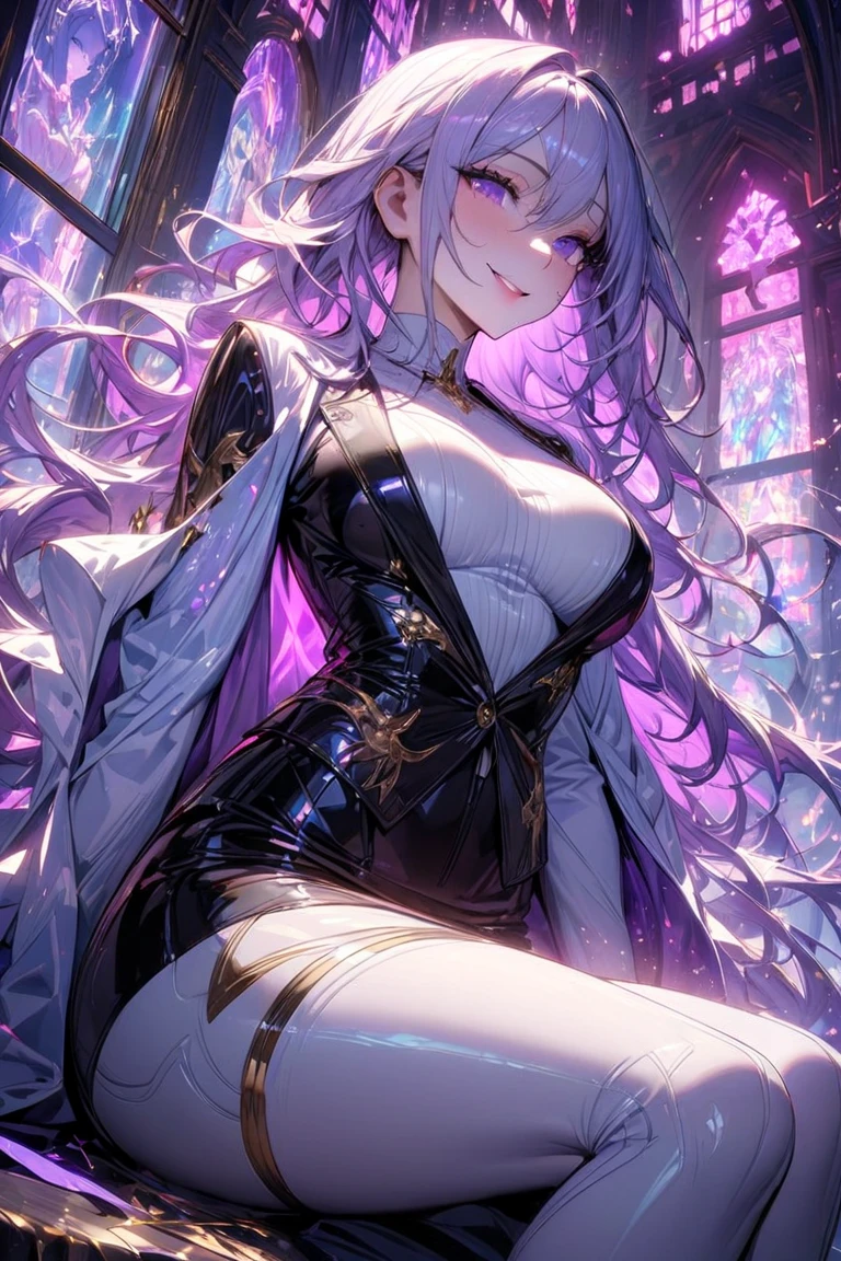 Create a 3D image in anime cartoon style of a beautiful geigha with blue-violet eyes with all her equipment surrounding the imperial palace in a fighting attitude. She carries a beautiful, perfectly detailed silver sword. Her dress is spectacular. She applies intense silver and violet microparticles in the most relevant details of the scene applies 300 dpi , HDMI and full definition 