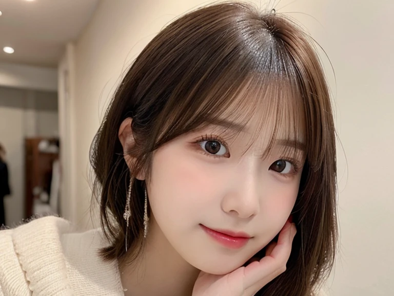 Tabletop, Highest quality, figure, 超detailed, 細かくdetailedに, High resolution, 8K壁紙, Perfect dynamic composition, Beautiful attention to detail, Gorgeous black fluffy Tokyo winter wear,ランダムなcute髪,,Natural color lip, Bold sexy pose,smile、20-year-old girl、cute、sexy shot looking at camera,常にBlur the background,Perfect and beautiful face,Take a picture of only the face,Beautiful and elaborate face、Slim face and figure,Big eyes、Putting on gal makeup,Blur the background,Blur the background,Face close-up,8K, 超High resolution, Highest quality, masterpiece, Rule of thirds photography,Surreal, photograph, 女の子1 person, (16 years old:1.3), cute女の子, cute顔, Beautiful eyes in every detail, 細かくdetailedに,masterpiece,, One Girl:1.2, 日本のwomanアナウンサー,Highest quality, 非常にdetailed, masterpiece, 1 person,woman,(((完璧なwomanの体))),Very beautiful face, Very beautiful body,Gentle expression, Very beautiful eyes,(Perfect Makeup:1.1),Fashion Model,Curly Hair,Shaggy Hair,Candy colored hair:1.3, Very thin body,Smart Abs, Chiffon blouse,優しいsmile,Upper body portrait,(White Background), (Shiny skin),(Earrings),,Looking at the audience、beauty,Long neck、Laugh a little、Please close your mouth and laugh、(((Ideal body type))),A cup small breasts :2,whole body、Perfect Anatomy、鮮明なdetailed、detailed、Surreal、Light and shadow,Strong light