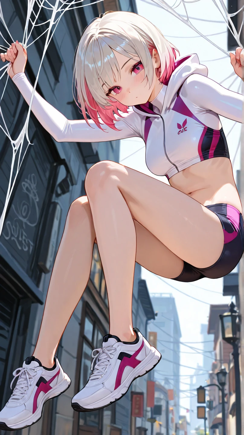 1 girl, (alone:1.2), ((masterpiece)), Slim, , pale skin, ((delicate eyes)), (bokeh effect), sweating, (dynamic angle),jump, pink hair, long hair, Double tail,bare shoulders,Lilu's collarbone, armpit, (External), Smile, School, running, thong,sports shoes,White over-the-knee stockings,b cup,white girls sports bra,high resolution,Super detailed,marks of strangulation,Thin legs,