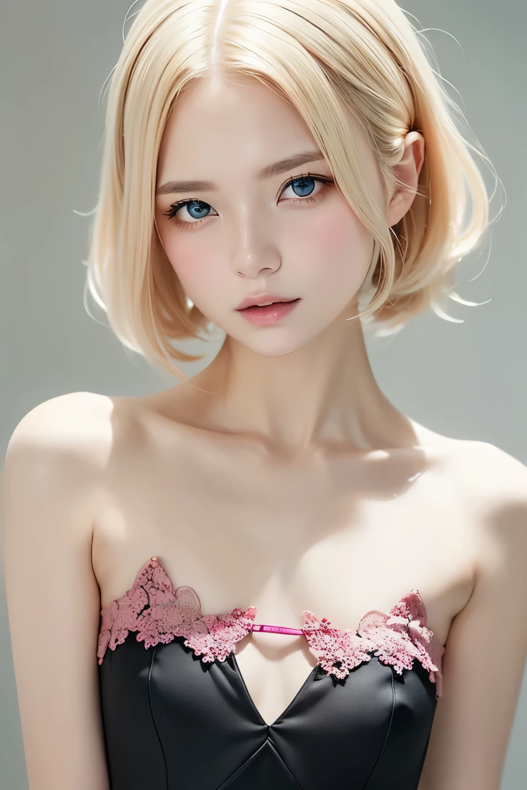 With beautiful illustrations in anime style、likeい女性が描かれています。She has shoulder-length platinum blonde hair.、Contains light pastel iridescent highlights。Her hair is a soft bob、The front hair is fluffy。Her eyes are large and expressive blue.、There is a little sparkle、Has a gentle blushing expression。The character wears delicate pale blue lingerie with white lace and floral decoration。The lingerie has intricate lace detailing、White flowers are arranged around the chest and abdomen。The character&#39;s skin is white and smooth.、like々Has a subtle sheen to enhance the shiny, lustrous look。The background is a gradient from dark to light.、Possibly representing a sunset or sunrise、A soft light shines on the character。The overall atmosphere of the image、It is gentle and charming, focusing on the pure and attractive charm of the characters.。

