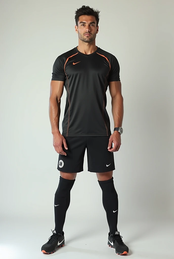 Generate me a black and orange soccer uniform without brands or player, just the t-shirt, soccer shorts and socks