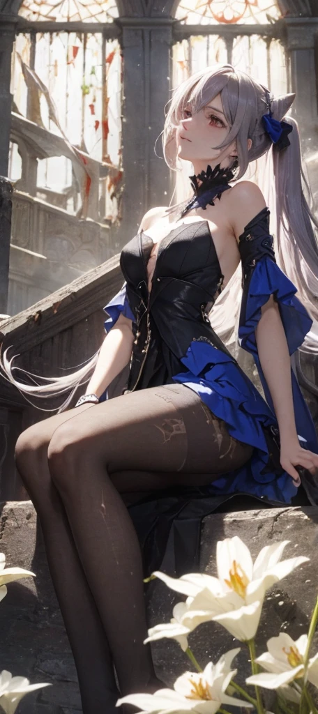 (1girl:1.3), (photorealistic:1.4), (masterpiece, top quality, best quality, official art), extreme detailed, highest detailed, (ultra-detailed), ((an extremely delicate and beautiful)), cinematic light, contemporary, 1girl, solo, long hair, pantyhose, red hair, bangs, high heels, white pantyhose, looking at viewer, bare shoulders, thighband pantyhose, black footwear, forehead mark, parted bangs, dress, ass, floating, very long hair, side locks, breasts, full body, panties under pantyhose, facial mark, thighs, pointy ears, sitting, hair ornament, (((butt crack)))