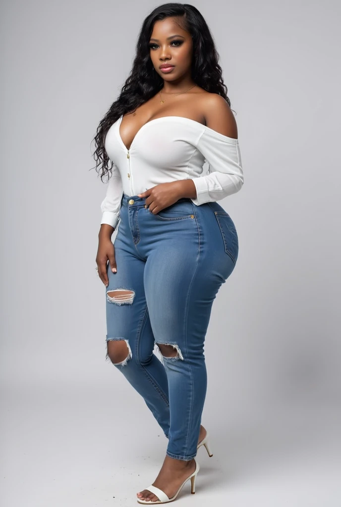 image captured with a Sony α7 III camera, full body shot, an narrow waist, wide hips, and a full bust, hourglass body figure, young Black woman early 20's, wide leg jeans in dark Blue color, fitted waist tee in white color, standing, light brown high heels, light gray background.